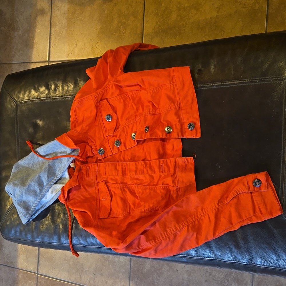 Coral (infrared) jeans jacket with gray hood